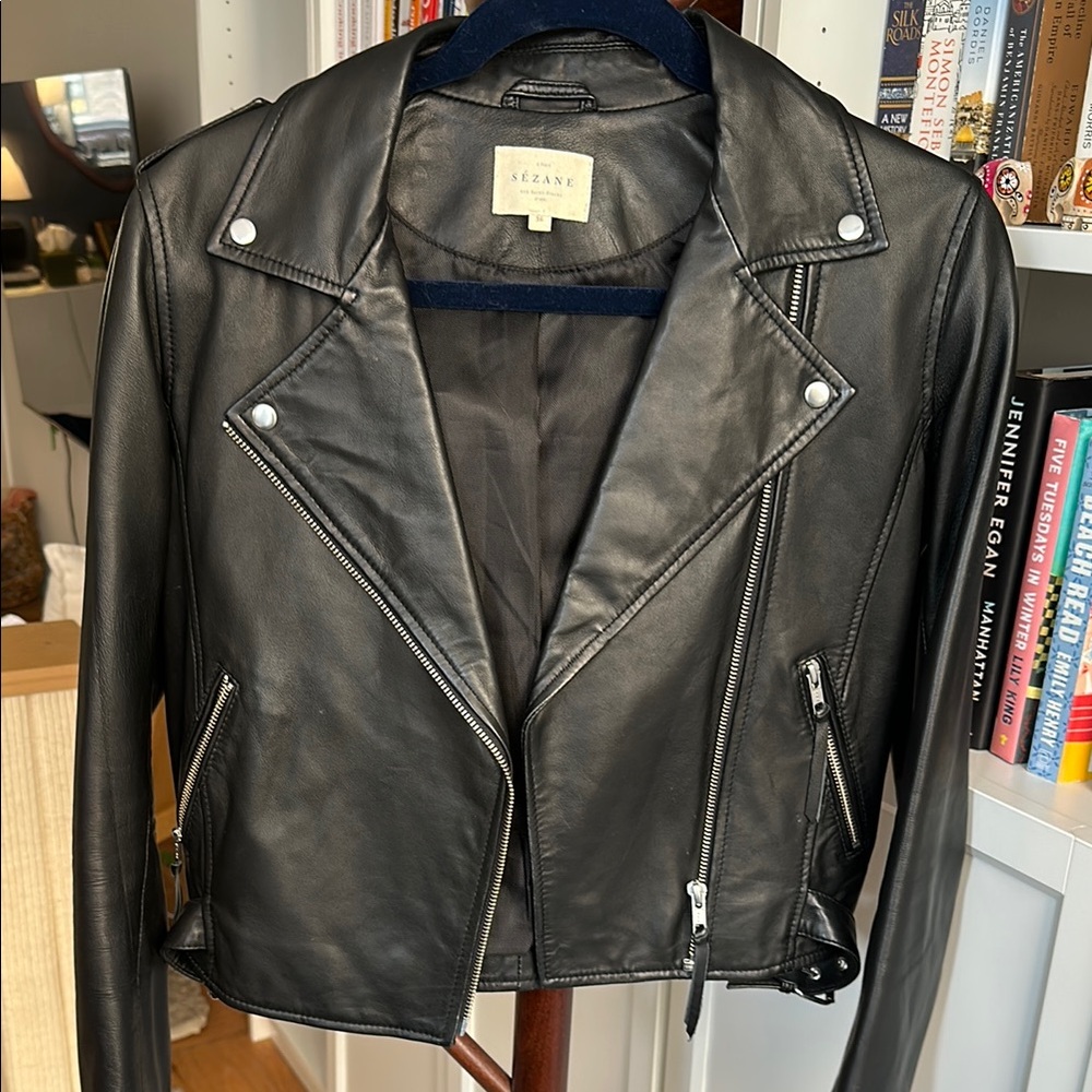 Sezane Zig Black Leather Moto Jacket
